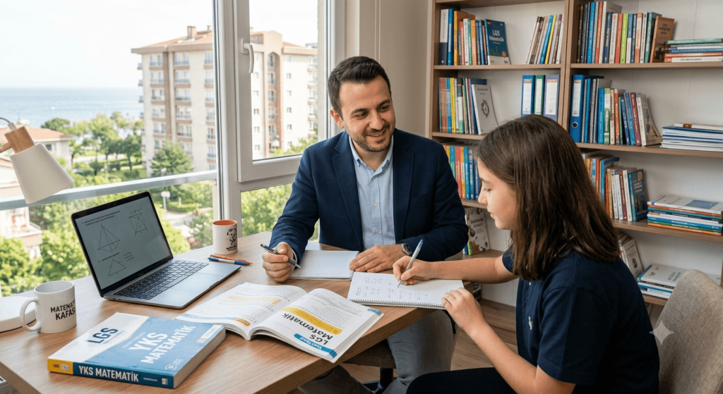 Ataköy'de deniz manzaralı çalışma odasında LGS ve YKS kaynak kitaplarıyla öğrencisine birebir matematik dersi anlatan öğretmen