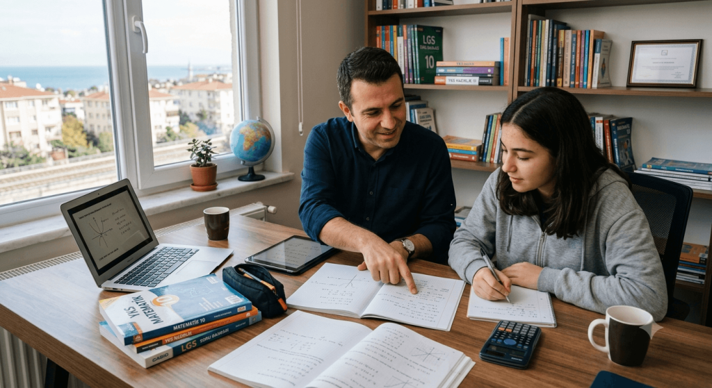 Bakırköy'de bir öğretmen ve lise öğrencisi matematik özel ders çalışırken