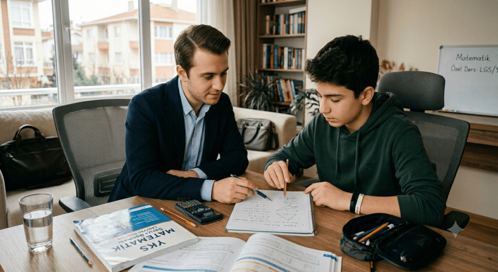 Bakırköy'de bir çalışma odasında, masada oturan sakalsız erkek özel ders öğretmeni ve önündeki test kitabına odaklanmış genç erkek öğrenciye geometri sorusu çözerken rehberlik ediyor. Masada YKS matematik kitabı ve hesap makinesi bulunuyor.
