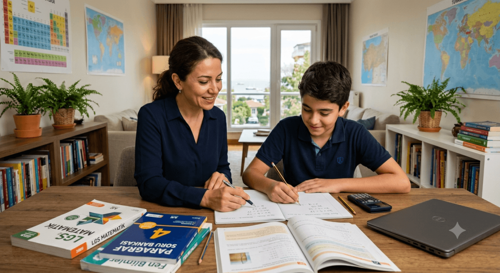 Florya özel ders kadın öğretmeninden bire bir matematik ve LGS dersi alan ortaokul öğrencisi çocuk.