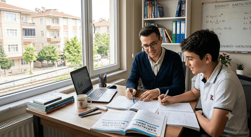 Bakırköy Kartaltepe'de aydınlık bir çalışma odasında LGS ve YKS sınavlarına hazırlanan erkek öğrenciye matematik soru bankası üzerinden birebir ders anlatan öğretmen.