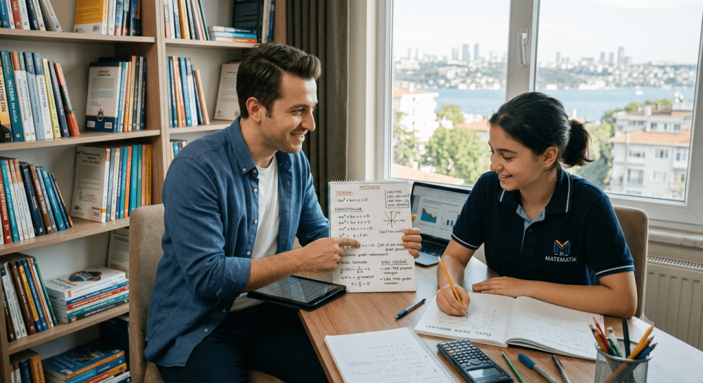 Matematik özel ders öğretmeninin, ev ofis ortamında lise öğrencisi bir kıza grafik tablet ve çalışma notları eşliğinde birebir matematik anlattığı an.